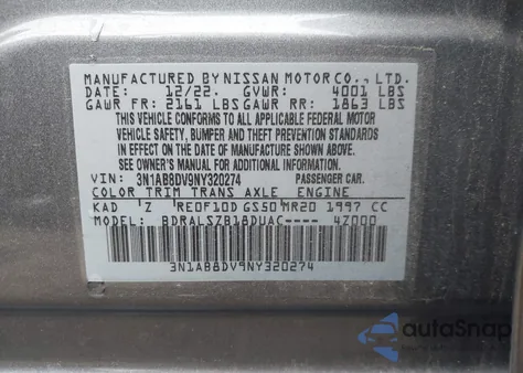 2022 Nissan Sentra Sr Xtronic Cvt из США, поврежденный, VIN 3N1AB8DV9NY320274